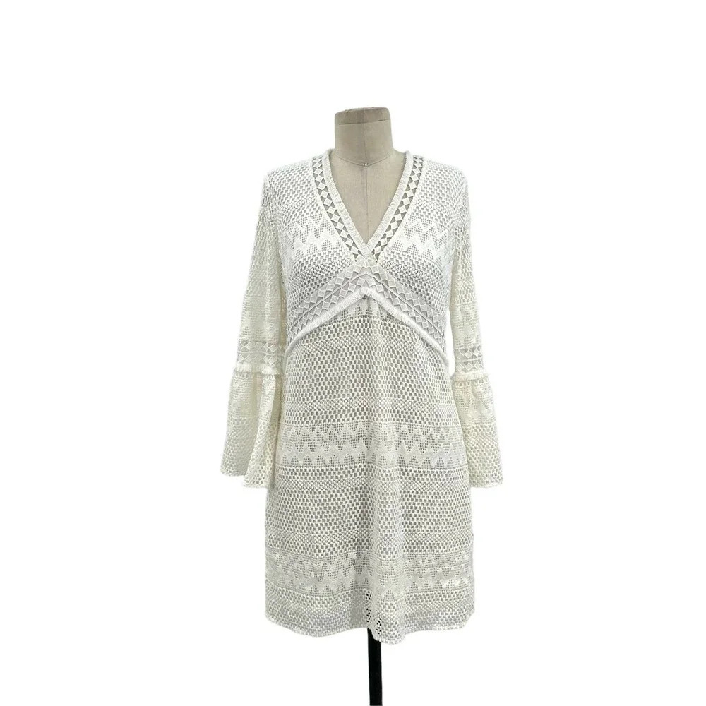 Shoshanna Ivory Chevron Crochet Bell Sleeve Mini Dress White Cream Size 2